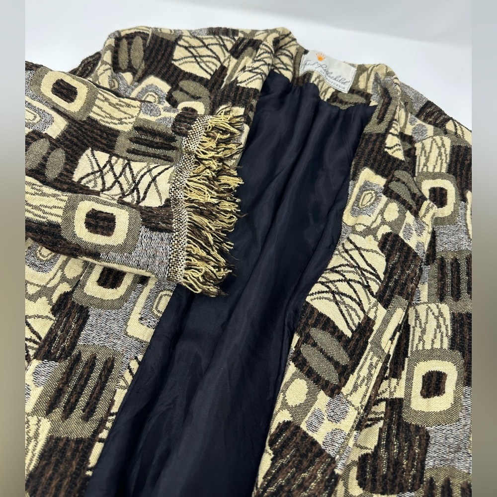 Vintage Fred Rotchschild Fringed Geometric 3/4 Sleeve Long Coat Women’s Sz S/M